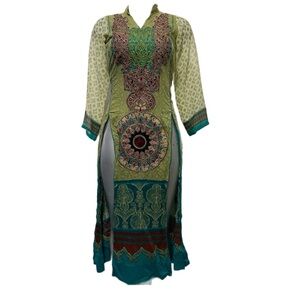 East Indian Dress Lightweight Hippie long Slits Long Slv V Neck Bohemian Fairy S